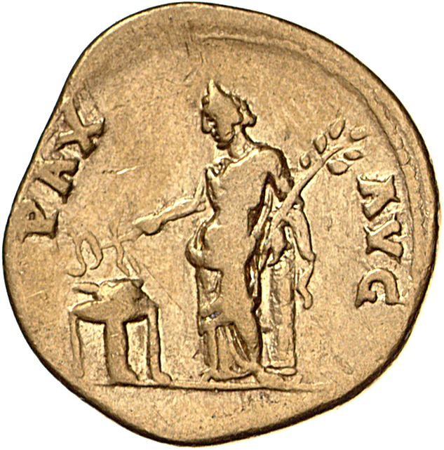 RIC II, Part 1 (second edition) Vespasian 512 Vespasian reverse, Pax standing left leaning on column, holding caduceus ove...