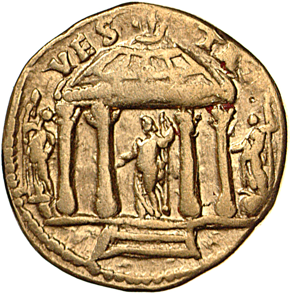 RIC II, Part 1 (second edition) Vespasian 516 Vespasian reverse, Round tetrastyle temple on podium of four steps: between ...
