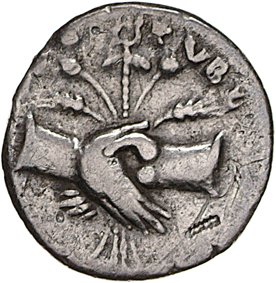 RIC II, Part 1 (second edition) Vespasian 520 Vespasian reverse, Clasped hands holding winged caduceus upright between pop...