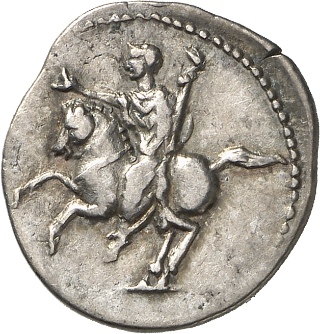 RIC II, Part 1 (second edition) Vespasian 541 Vespasian reverse, Domitian riding left, holding sceptre in left hand, and r...