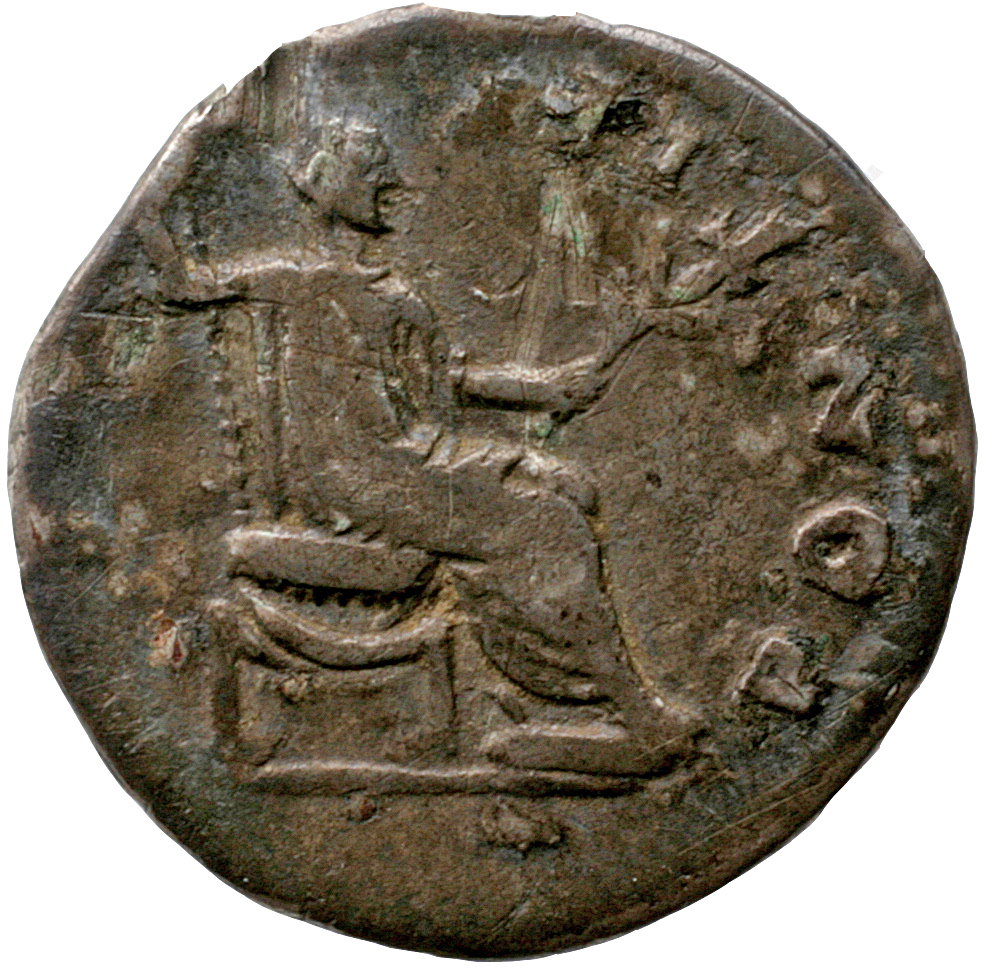 Vespasian reverse — Vespasian, togate, seated right on curule chair, feet on stool, holding vertical sceptre in right hand and branch in left