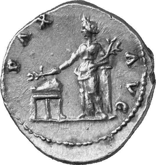 RIC II, Part 1 (second edition) Vespasian 552 Vespasian reverse, Pax, draped, standing left, extend- ing winged caduceus i...
