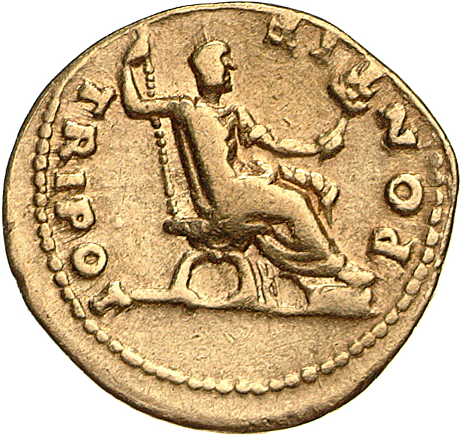 RIC II, Part 1 (second edition) Vespasian 555 Vespasian reverse, Titus, togate, seated right on curule chair, feet on stoo...