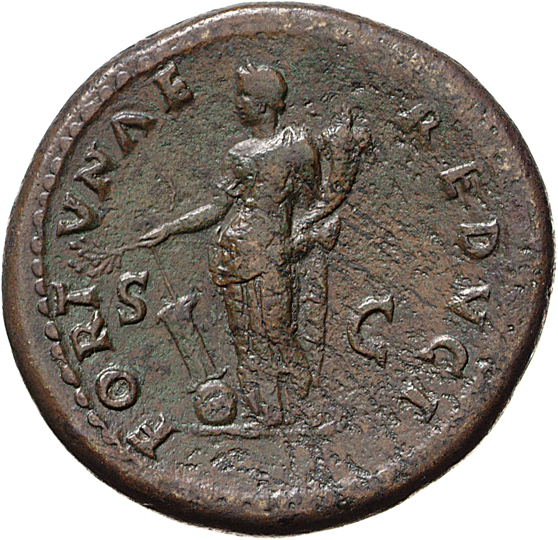 RIC II, Part 1 (second edition) Vespasian 573 Vespasian reverse, Fortuna standing left, holding branch and rudder on globe...