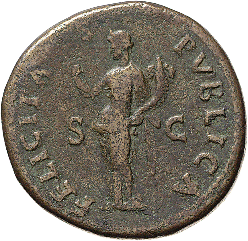 RIC II, Part 1 (second edition) Vespasian 581 Vespasian reverse, Felicitas, draped, standing left, holding winged caduceus...