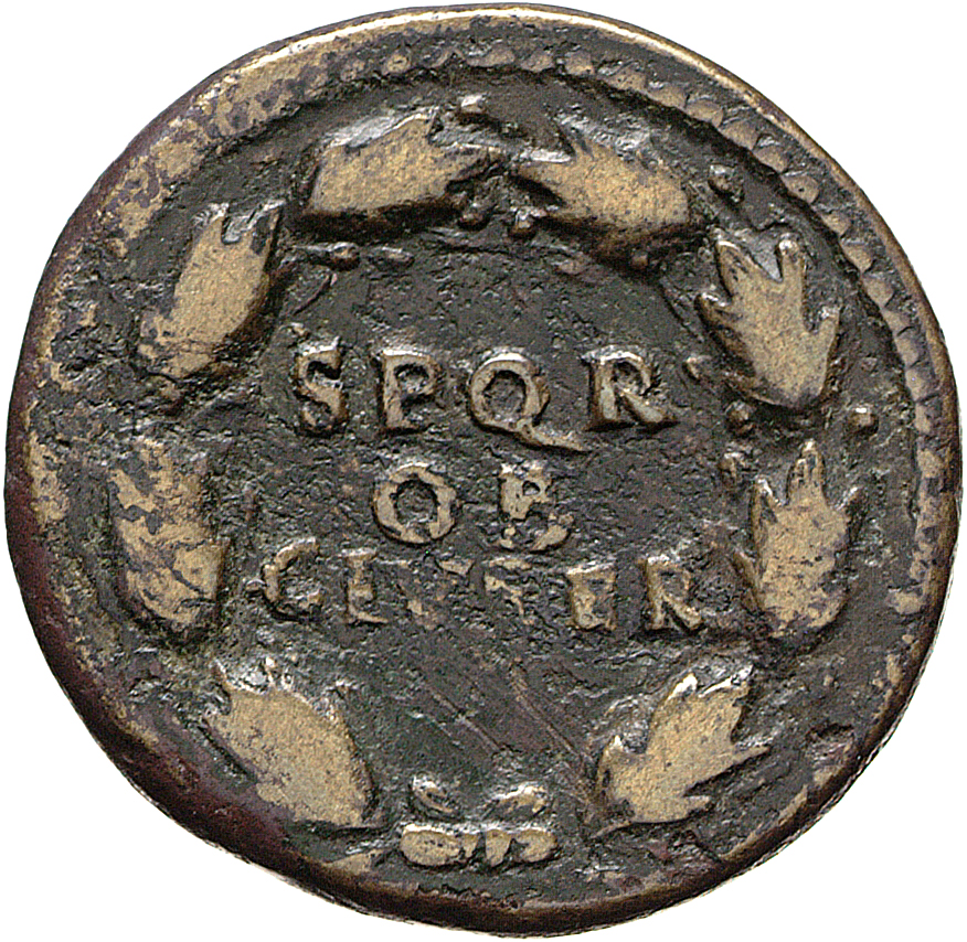 RIC II, Part 1 (second edition) Vespasian 586 Vespasian reverse, Legend in three lines in oak-wreath