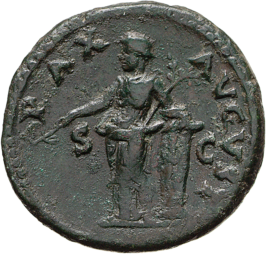 RIC II, Part 1 (second edition) Vespasian 589 Vespasian reverse, Pax standing left leaning on column, holding caduceus and...