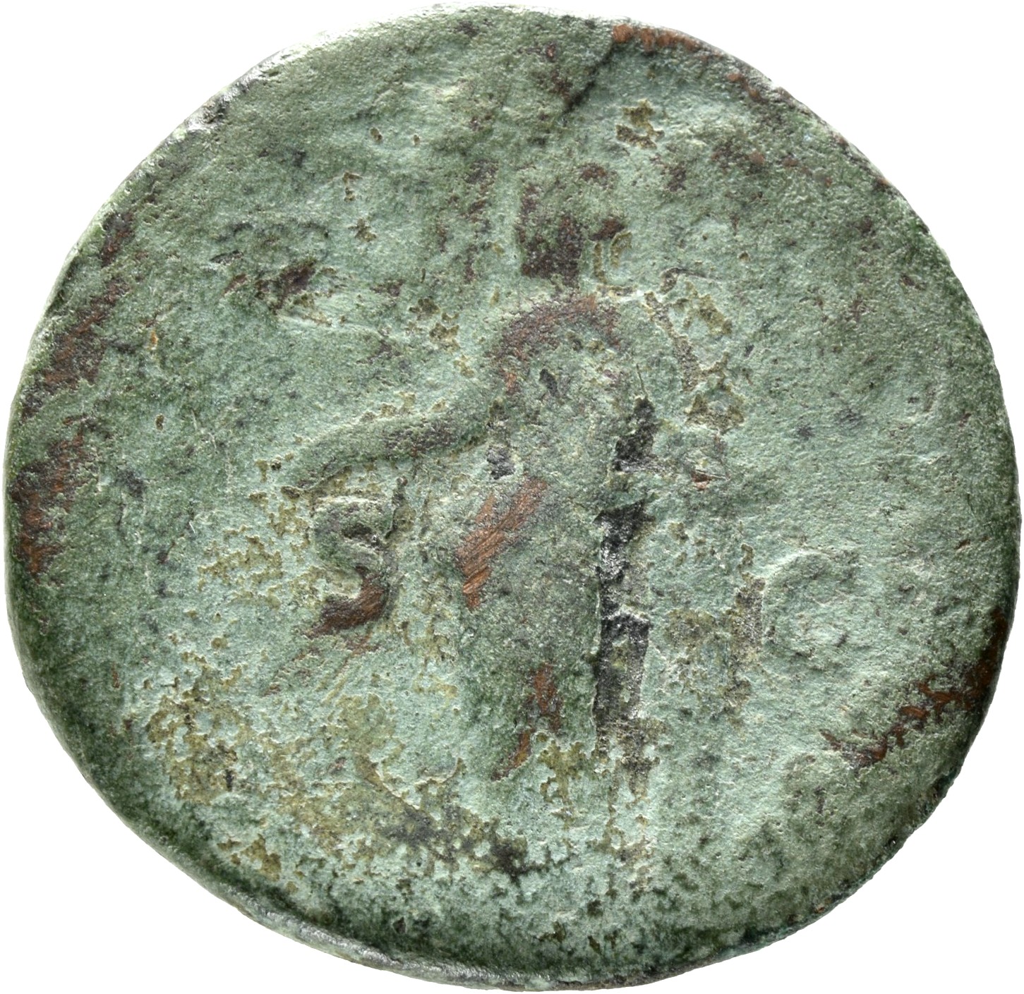 RIC II, Part 1 (second edition) Vespasian 590 Vespasian reverse, Pax standing left leaning on column, holding caduceus and...