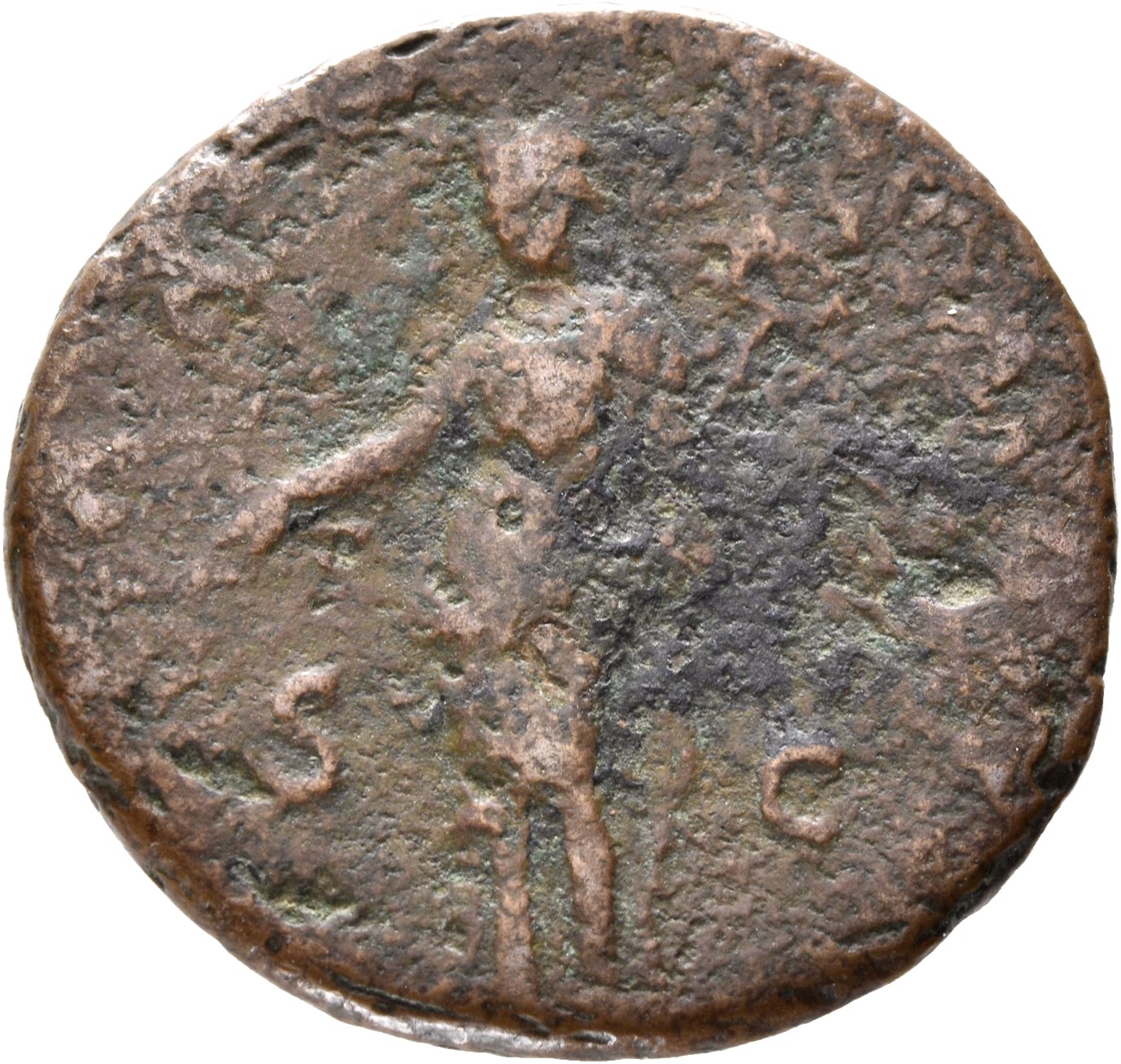 RIC II, Part 1 (second edition) Vespasian 590 Vespasian reverse, Pax standing left leaning on column, holding caduceus and...