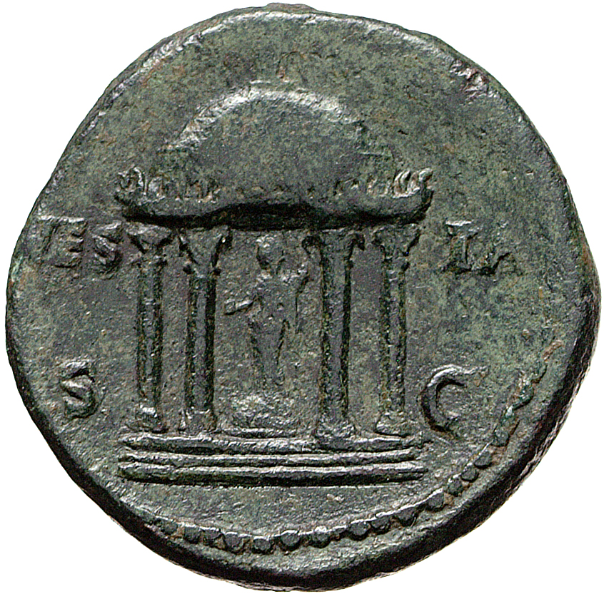 RIC II, Part 1 (second edition) Vespasian 601 Vespasian reverse, Domed tetrastyle temple; within, figure standing, left ho...