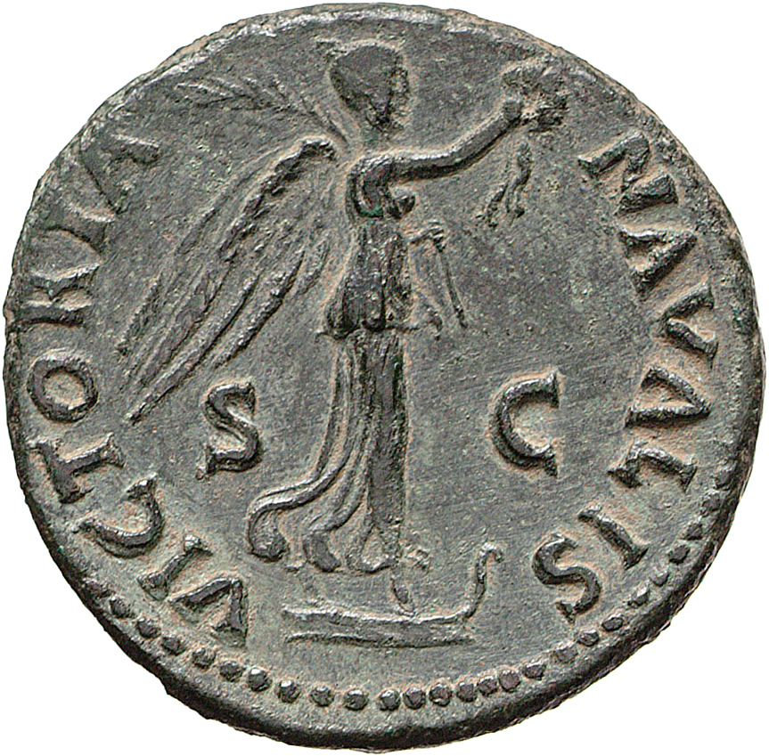RIC II, Part 1 (second edition) Vespasian 605 Vespasian reverse, Victory, draped, standing right on prow, holding wreath u...