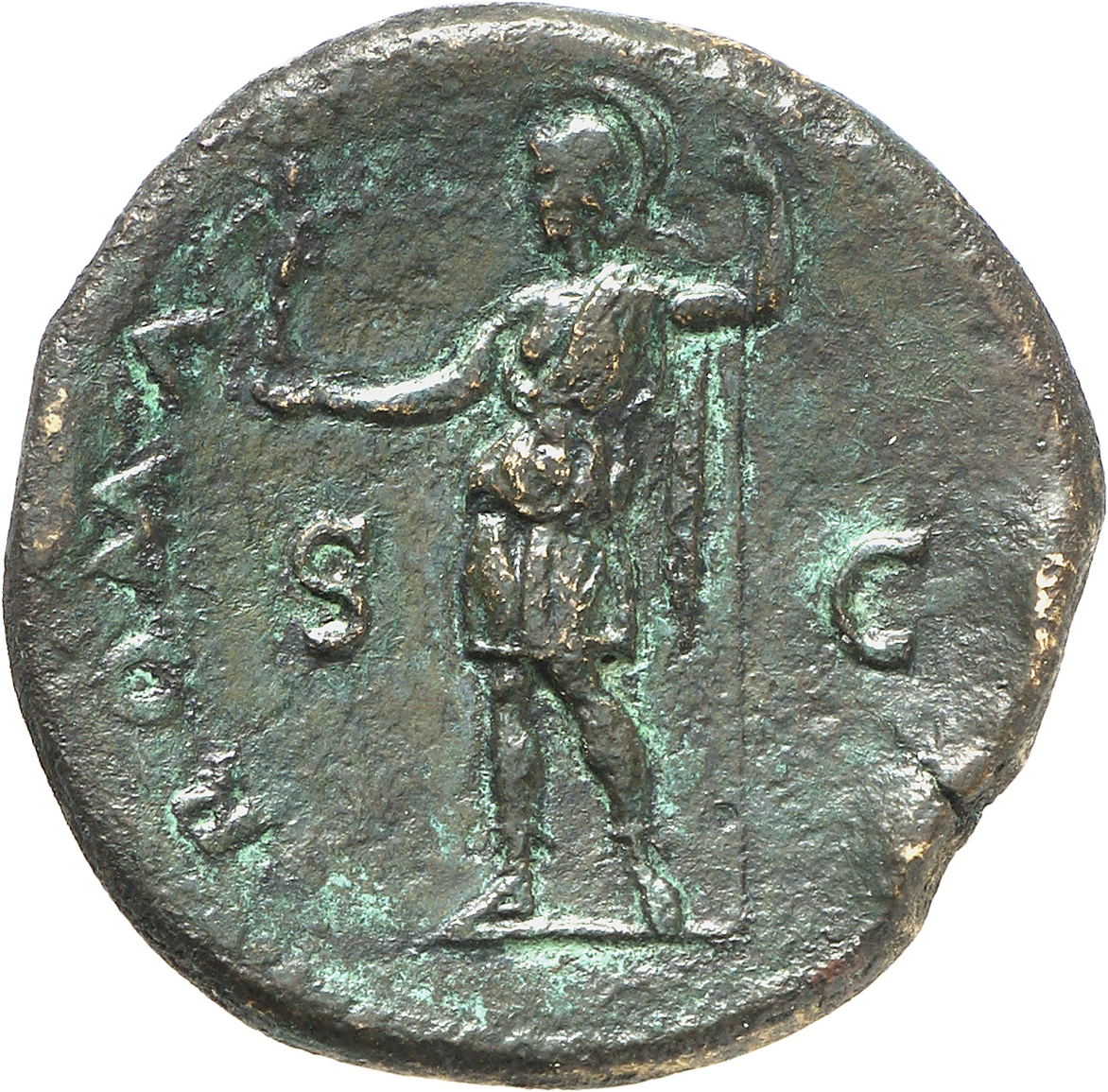 RIC II, Part 1 (second edition) Vespasian 609 Vespasian reverse, Roma, helmeted, in military dress, standing left, holding...