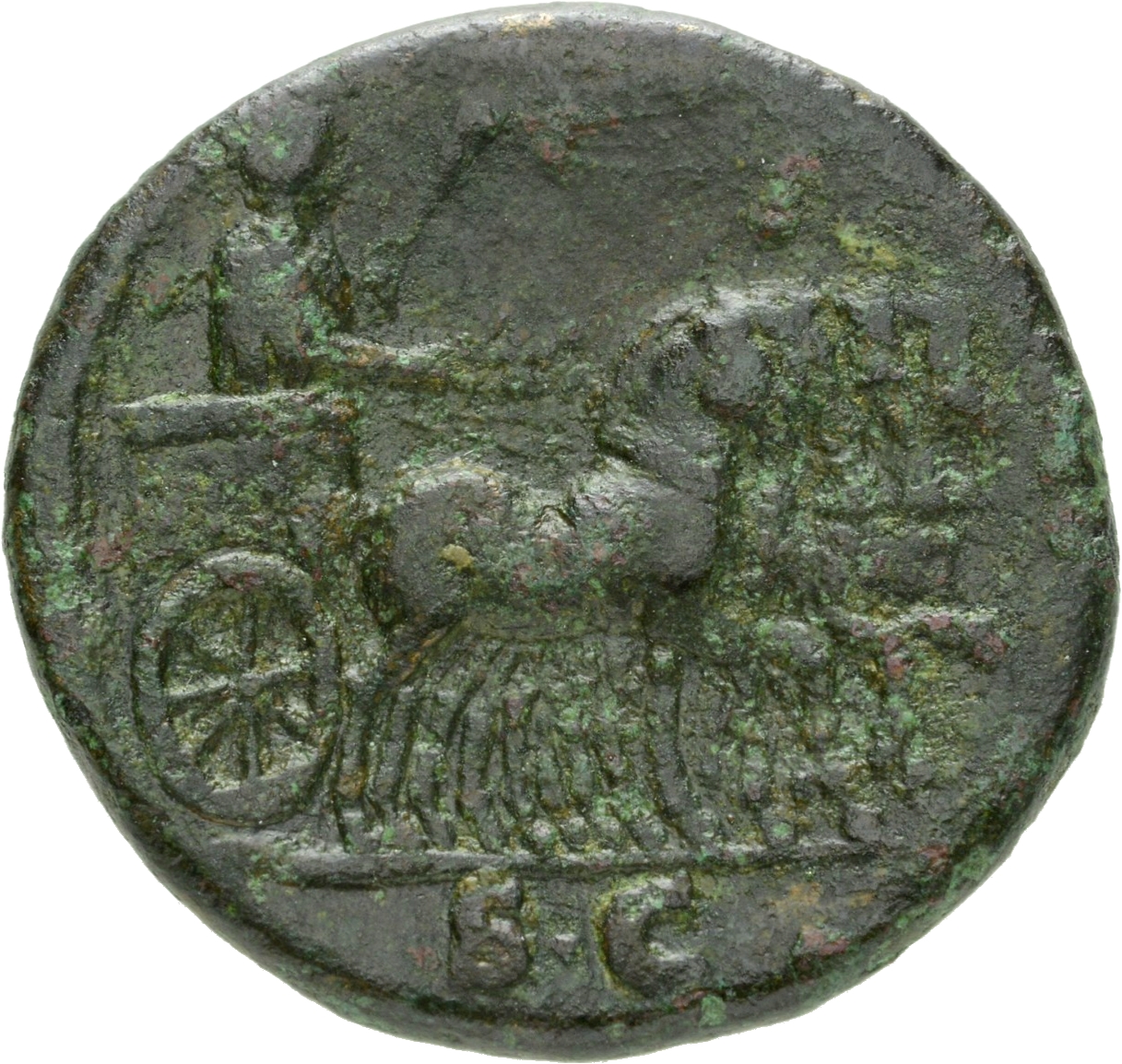 RIC II, Part 1 (second edition) Vespasian 635 Vespasian reverse, Titus, laureate standing in triumphal quadriga, horses pr...