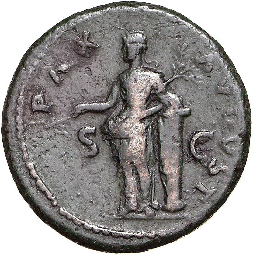 RIC II, Part 1 (second edition) Vespasian 670 Vespasian reverse, Pax standing left leaning on column, holding caduceus and...