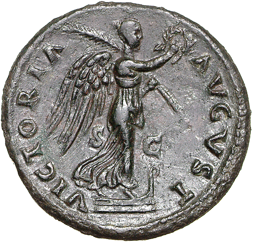 RIC II, Part 1 (second edition) Vespasian 676 Vespasian reverse, Victory standing right on prow, holding wreath and palm