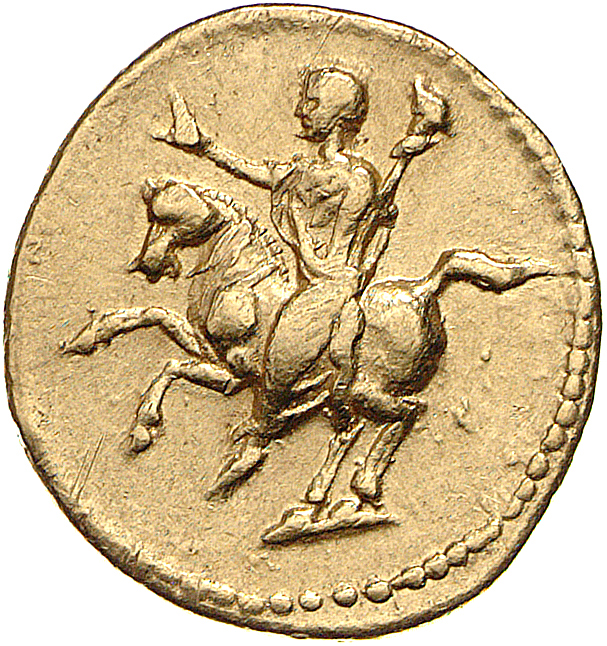 RIC II, Part 1 (second edition) Vespasian 679 Vespasian reverse, Domitian riding left, holding sceptre in left hand, and r...
