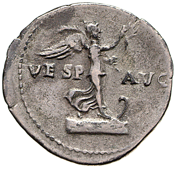 RIC II, Part 1 (second edition) Vespasian 688 Vespasian reverse, Victory standing right on prow, holding wreath and palm