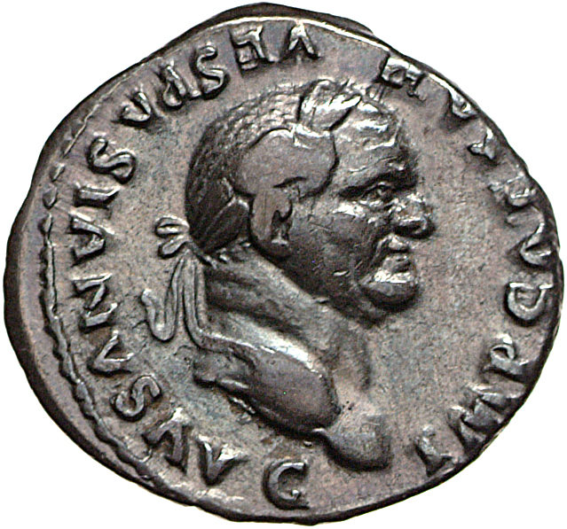 RIC II, Part 1 (second edition) Vespasian 703 Vespasian obverse, Head of Vespasian, laureate, right