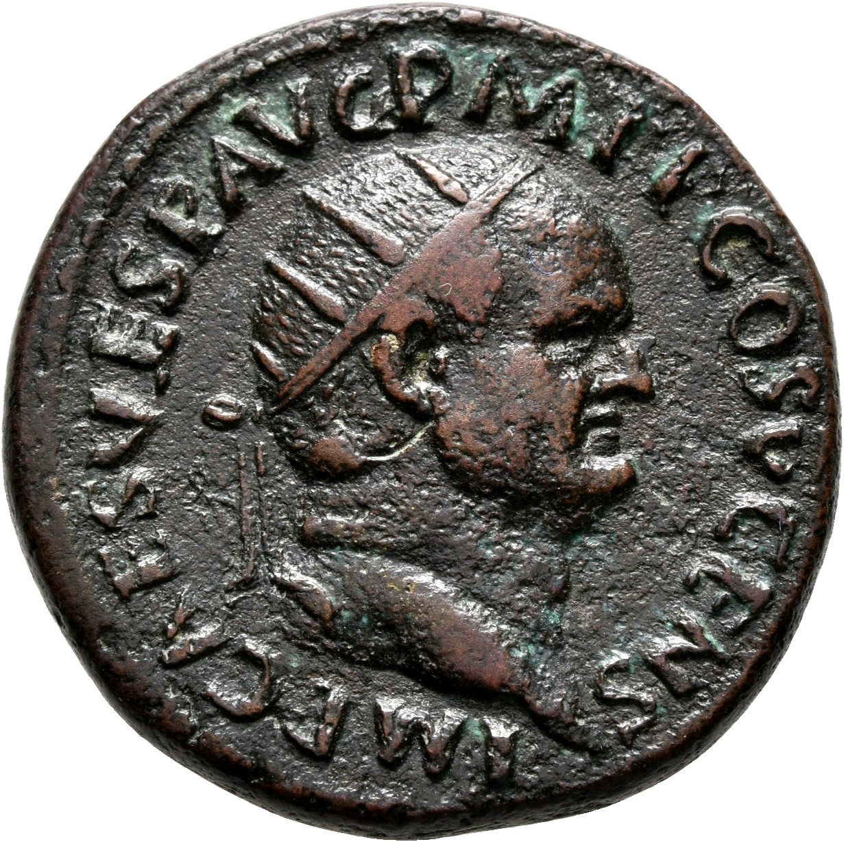 RIC II, Part 1 (second edition) Vespasian 715 Vespasian obverse, Head of Vespasian, radiate, right