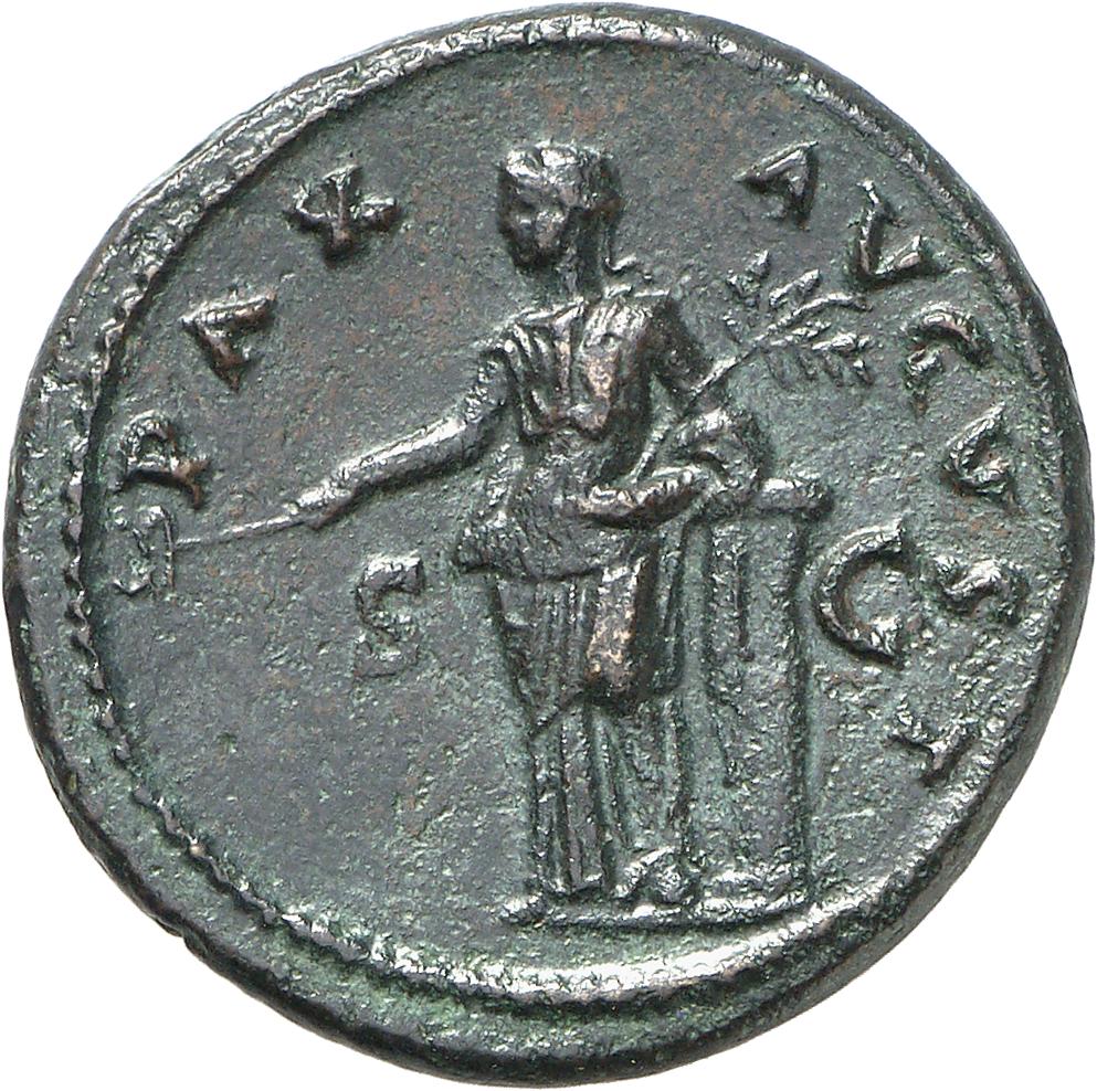 RIC II, Part 1 (second edition) Vespasian 728 Vespasian reverse, Pax standing left leaning on column, holding caduceus and...