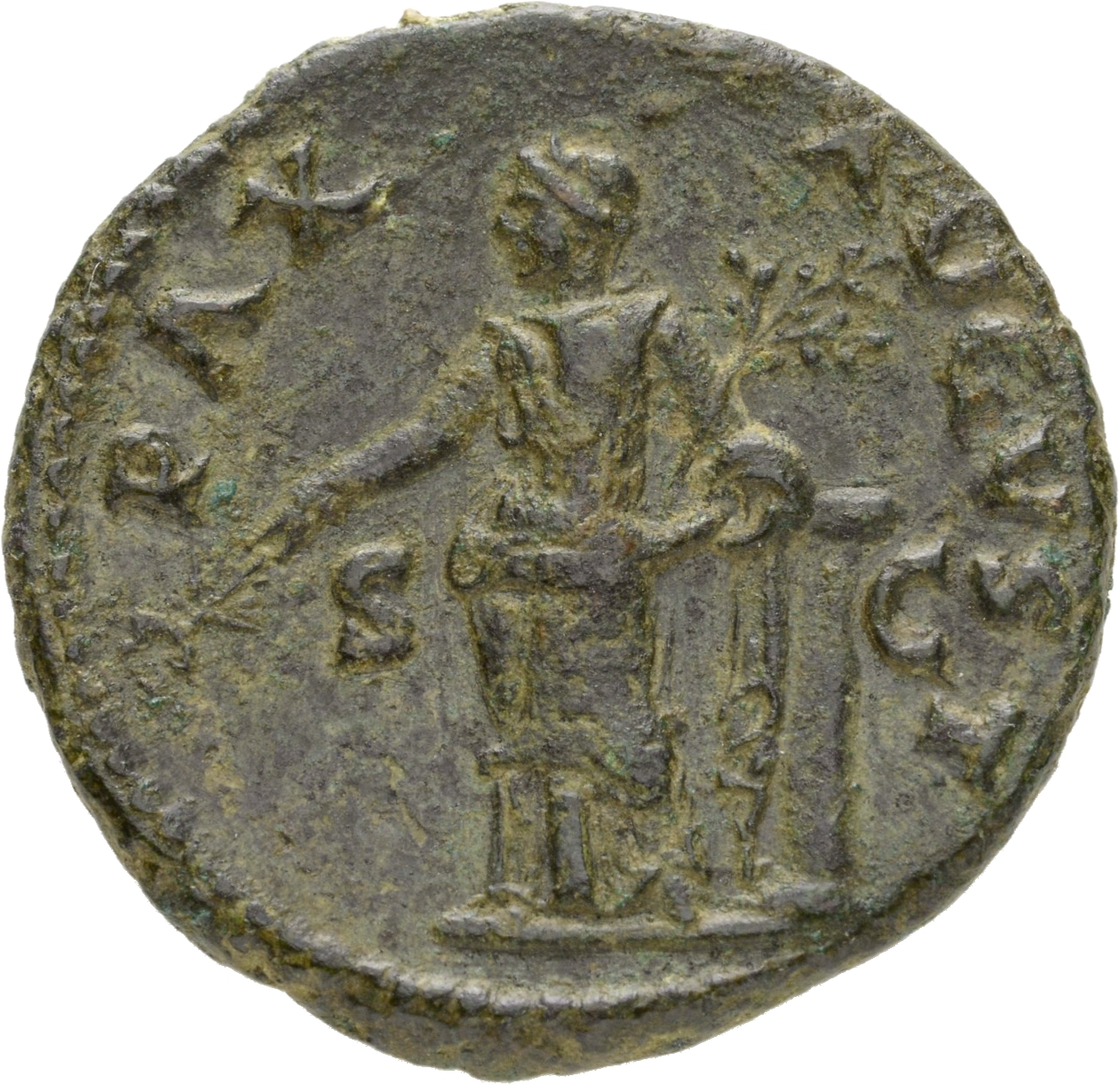 RIC II, Part 1 (second edition) Vespasian 747 Vespasian reverse, Pax standing left leaning on column, holding caduceus and...