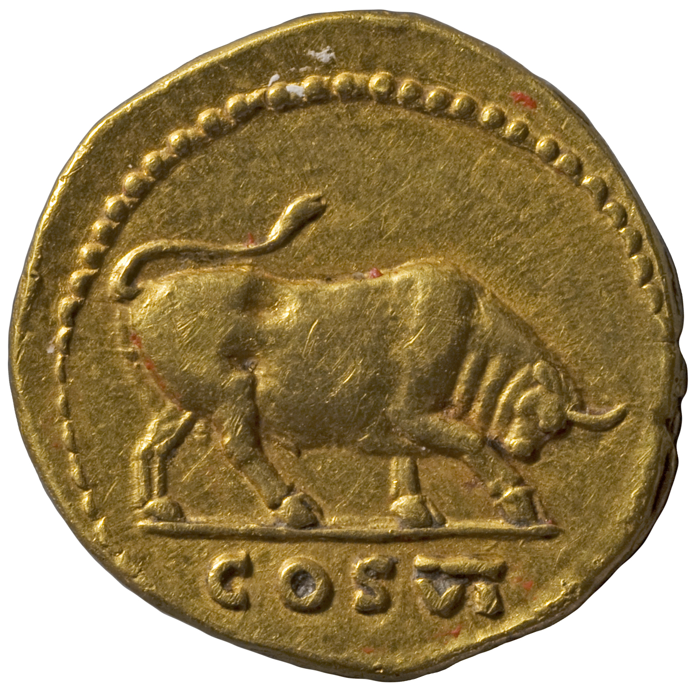 RIC II, Part 1 (second edition) Vespasian 768 Vespasian reverse, Bull butting right, lashing his tail, left