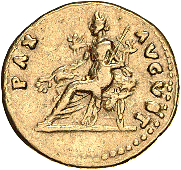 RIC II, Part 1 (second edition) Vespasian 770 Vespasian reverse, Pax, draped, seated left on throne, holding branch in rig...