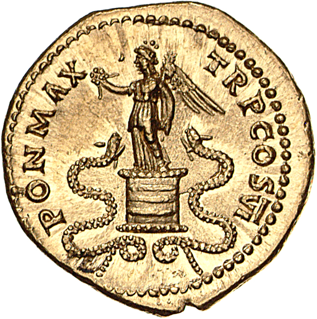 RIC II, Part 1 (second edition) Vespasian 775 Vespasian reverse, Victory standing left of cista mystica; snakes on either ...