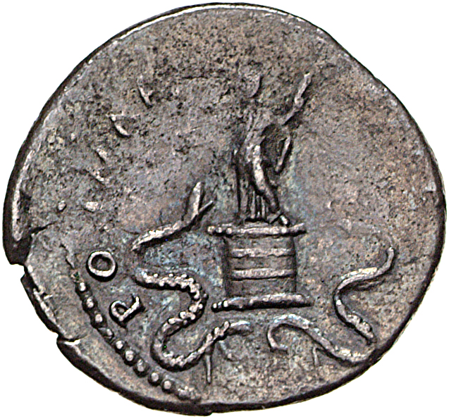 RIC II, Part 1 (second edition) Vespasian 776 Vespasian reverse, Victory standing left of cista mystica; snakes on either ...