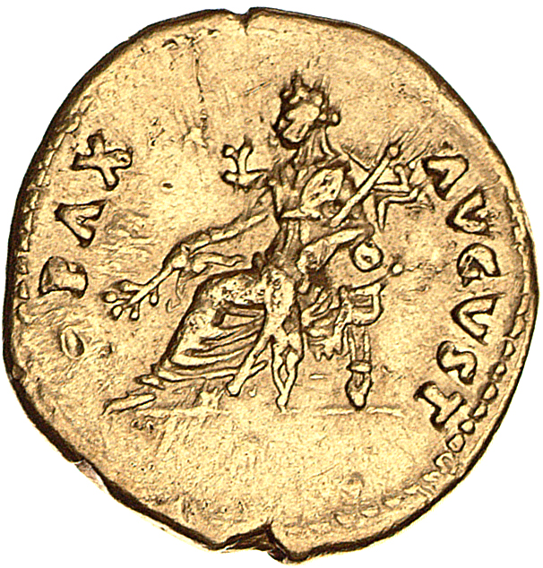 RIC II, Part 1 (second edition) Vespasian 782 Vespasian reverse, Pax, draped, seated left on throne, holding branch in rig...