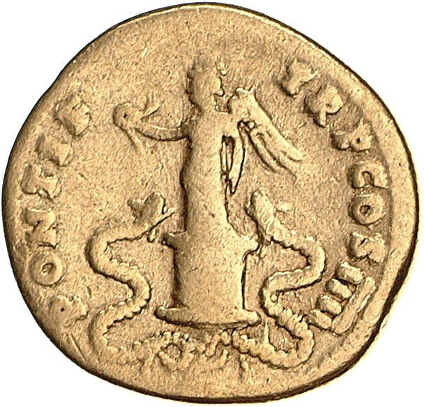 RIC II, Part 1 (second edition) Vespasian 785 Vespasian reverse, Victory standing left of cista mystica; snakes on either ...