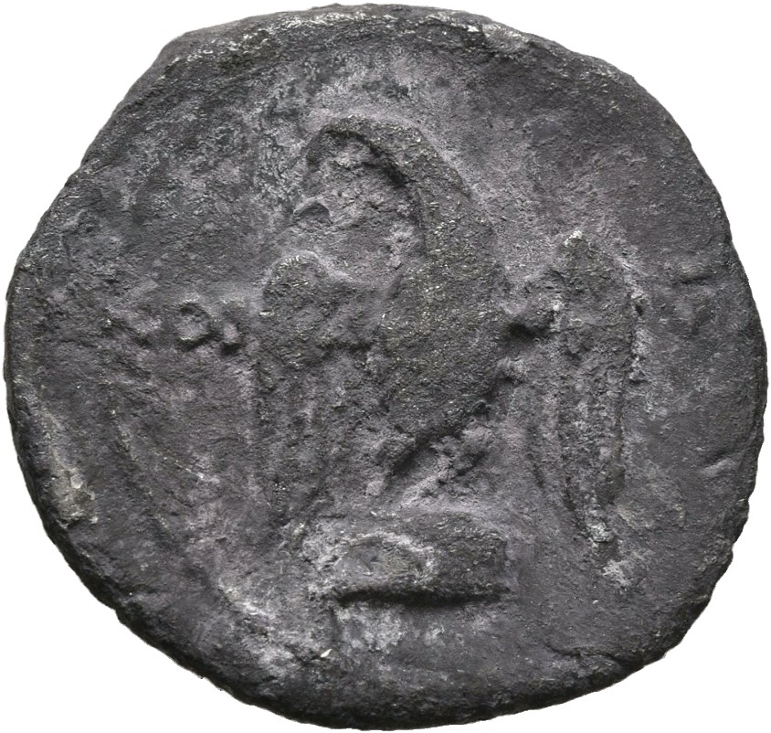 Vespasian reverse — Eagle with wings spread, standing front on low garlanded base, head left, holding thunderbolt in claws