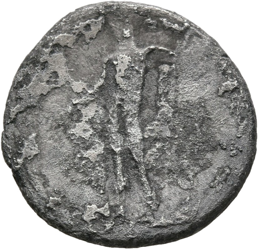 Vespasian reverse — Jupiter, bearded, naked, standing facing, sacrificing out of patera in right hand over low garlanded altar and holding long vertical sceptre in left