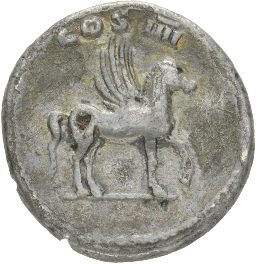 Vespasian reverse — Pegasus standing right, left foreleg raised, wings curling up on back