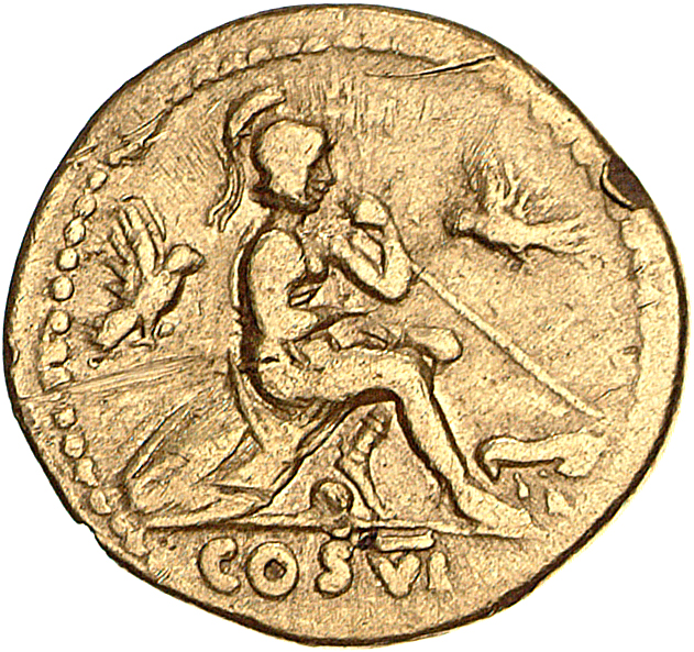 RIC II, Part 1 (second edition) Vespasian 954 Vespasian reverse, Roma, helmeted, in military dress, seated right on two ov...