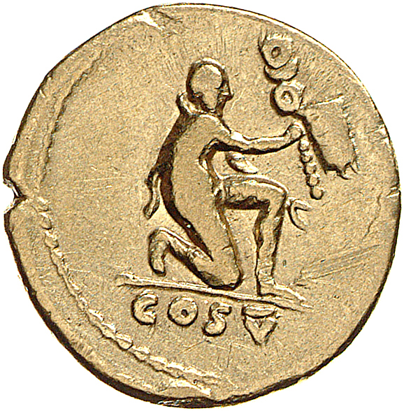 RIC II, Part 1 (second edition) Vespasian 959 Vespasian reverse, Barbarian kneeling right, holding standard with vexillum ...