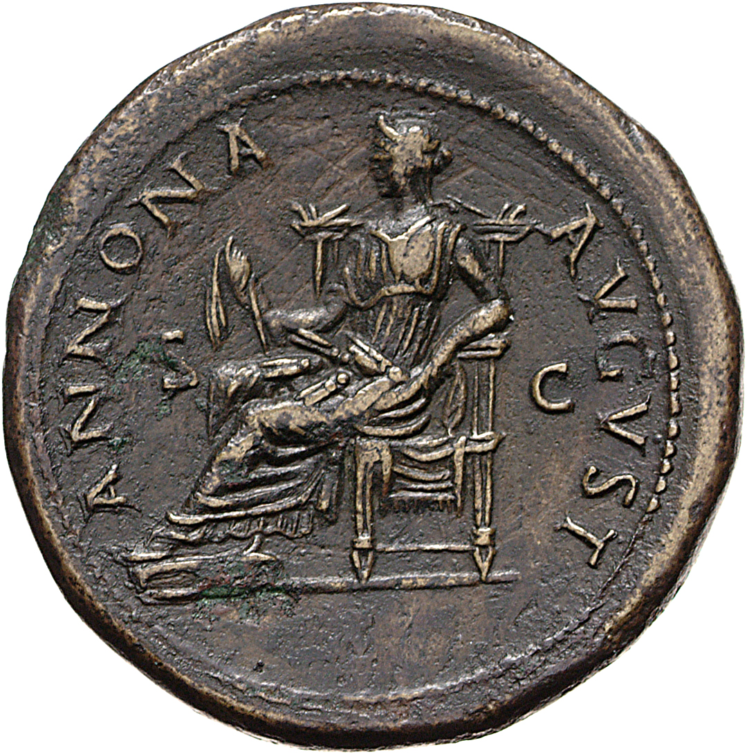 RIC II, Part 1 (second edition) Vespasian 987 Vespasian reverse, Annona seated left, holding sack of corn-ears