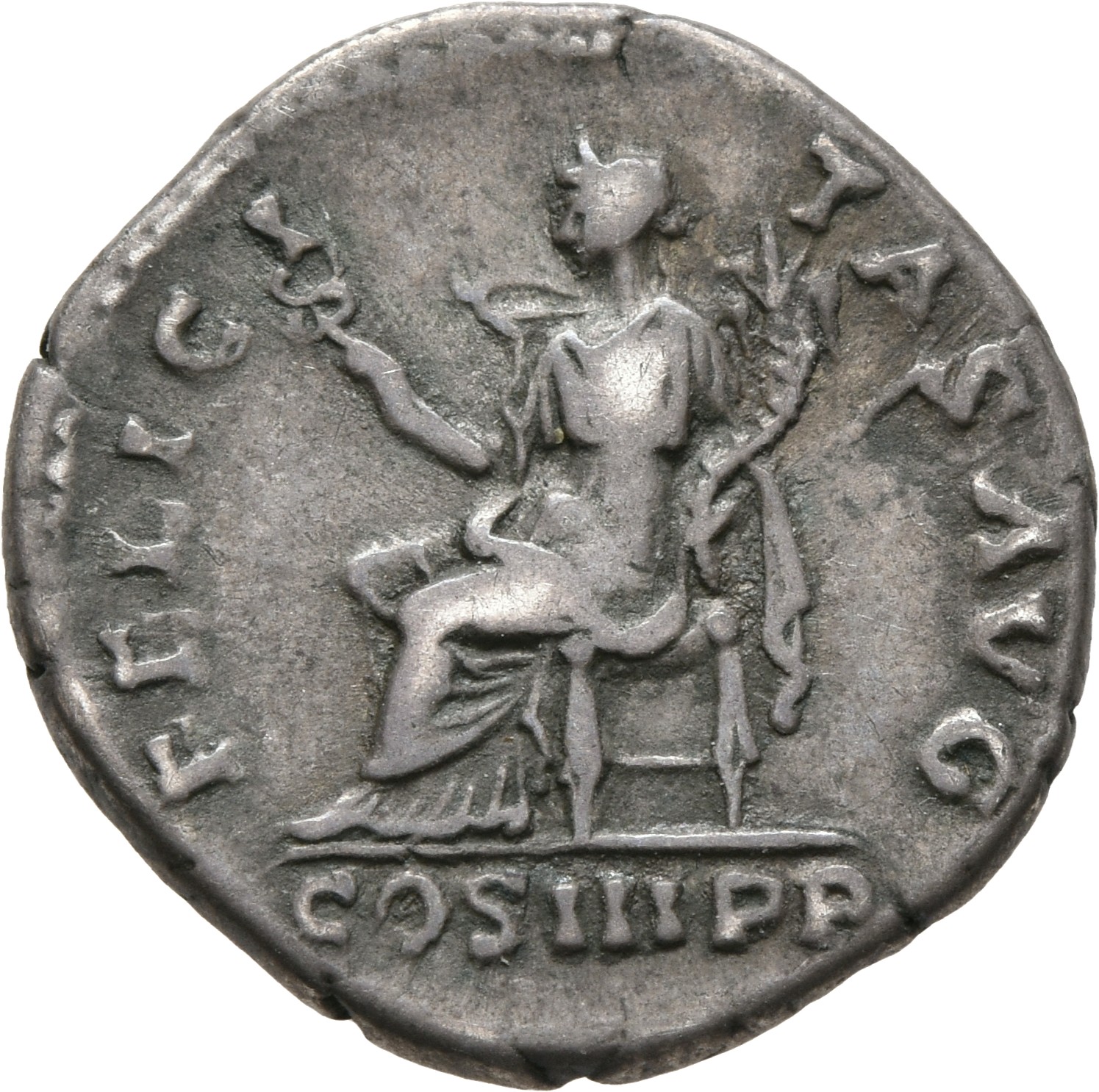 RIC II, Part 3 (second edition) Hadrian 1073 Hadrian reverse, Felicitas seated left, holding caduceus and cornucopia