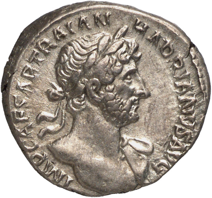 Hadrian obverse — Bust of Hadrian, laureate, bare chest, traces of drapery on far shoulder usually visible, right
