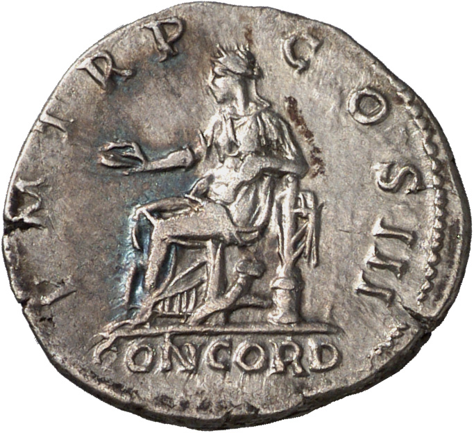 Hadrian reverse — Concordia seated left on throne, holding patera and resting on figure of Spes; cornucopia under throne