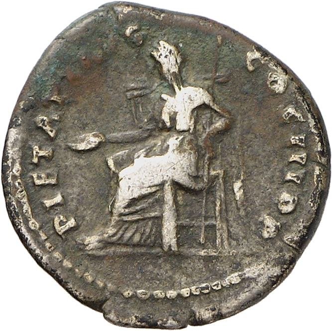 RIC II, Part 3 (second edition) Hadrian 1109 Hadrian reverse, Pietas seated left, holding patera and sceptre