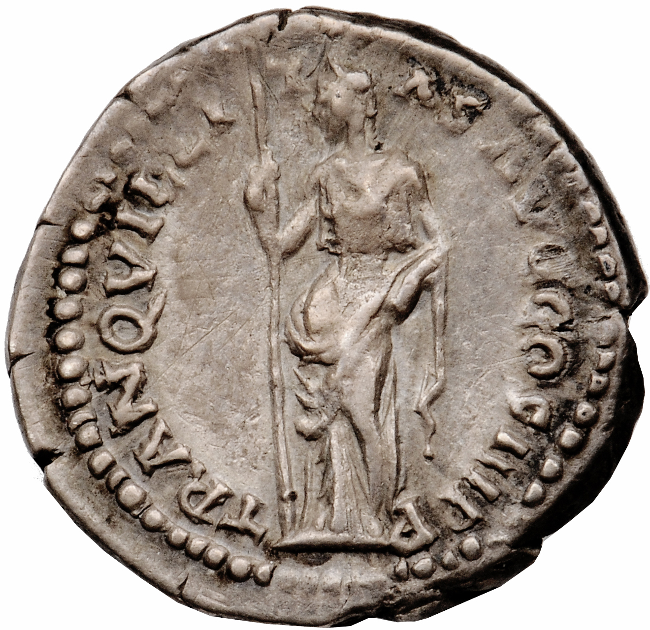 RIC II, Part 3 (second edition) Hadrian 1131 Hadrian reverse, Tranquillitas standing left, holding sceptre and resting arm...