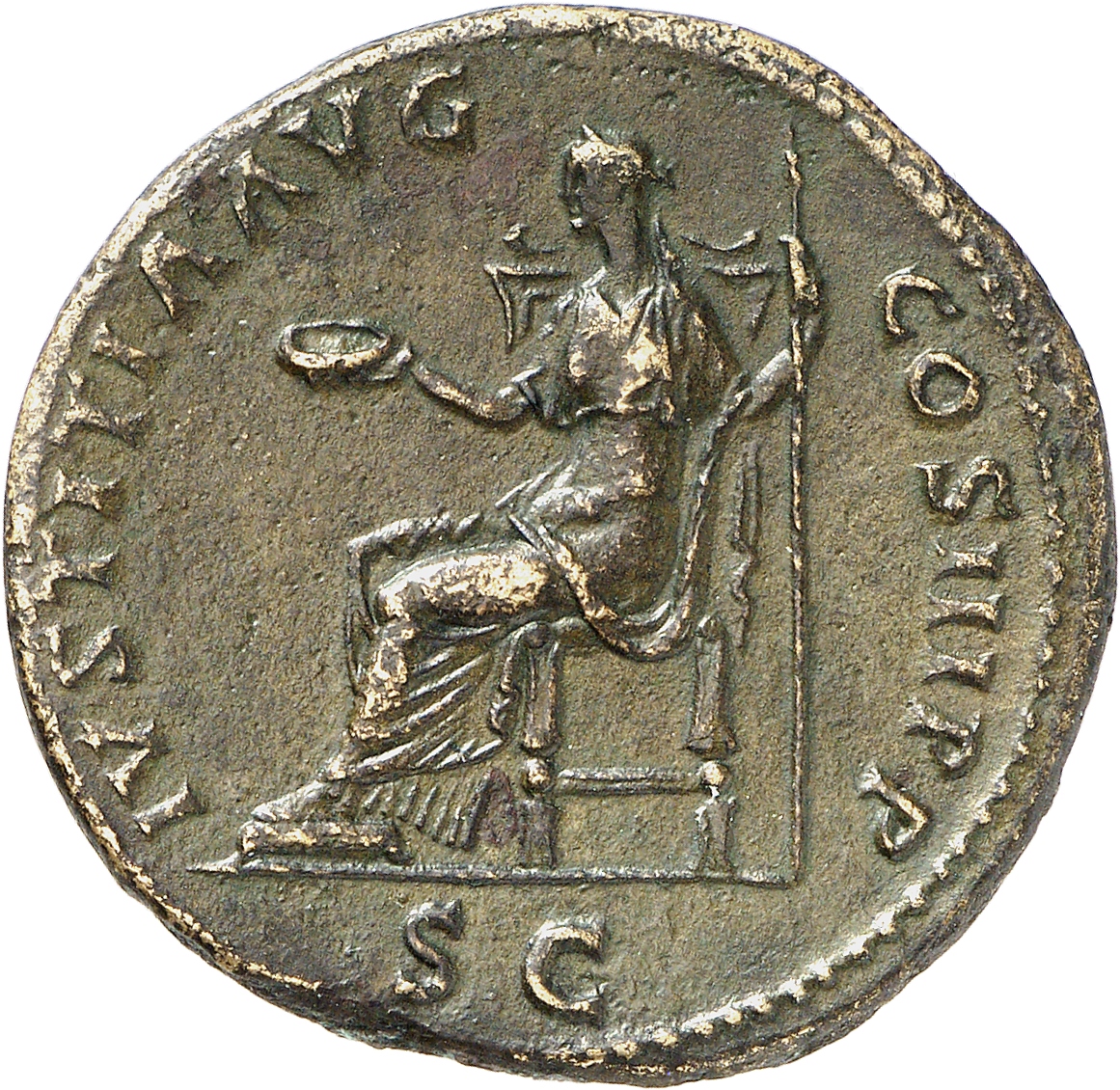 RIC II, Part 3 (second edition) Hadrian 1222 Hadrian reverse, Justitia seated left, holding patera and sceptre