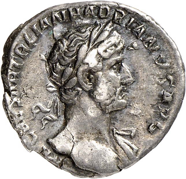 RIC II, Part 3 (second edition) Hadrian 124 Hadrian obverse, Bust of Hadrian, laureate, bare chest, traces of drapery on f...