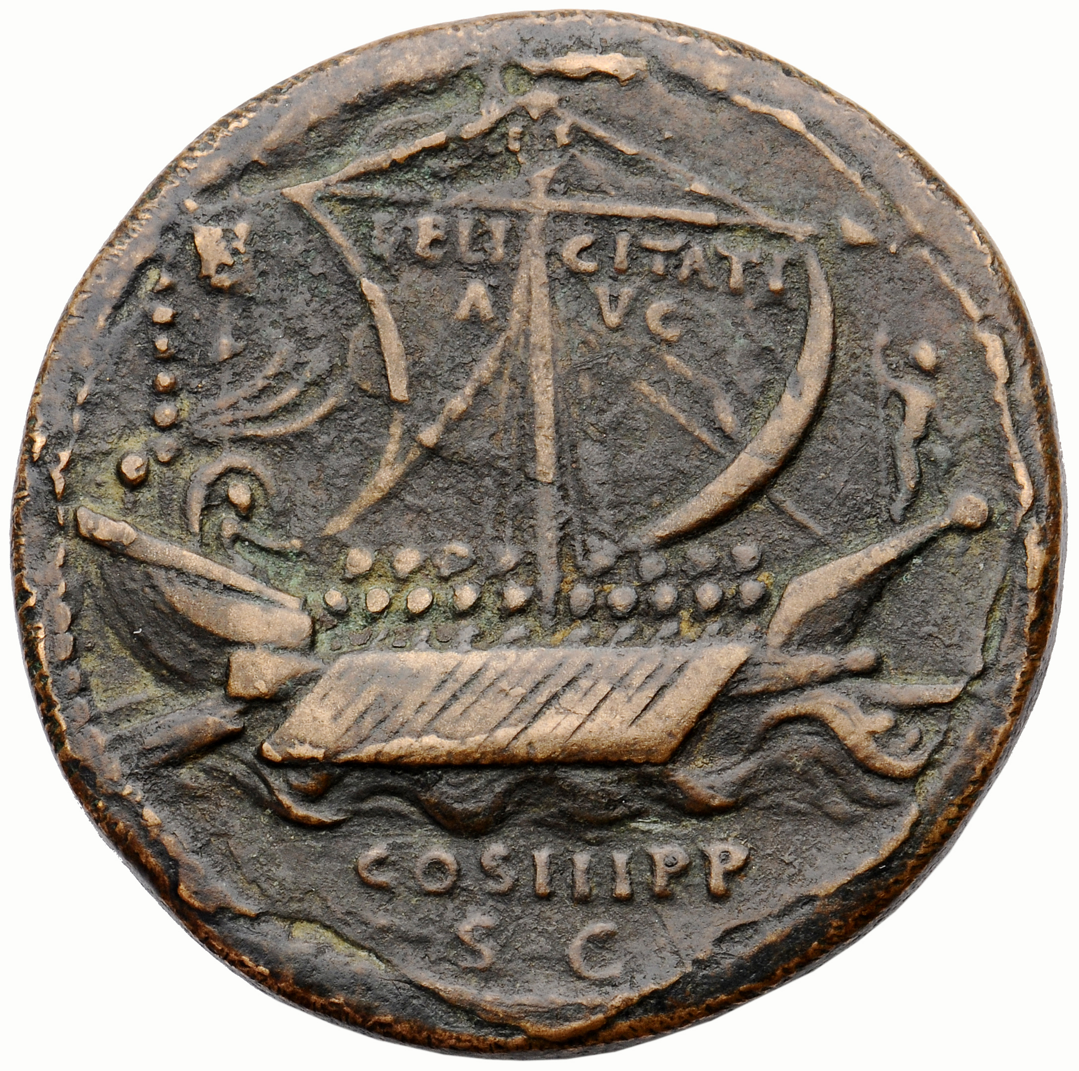RIC II, Part 3 (second edition) Hadrian 1336 Hadrian reverse, Ship, right, under full sail; figurehead of Neptune or Trito...