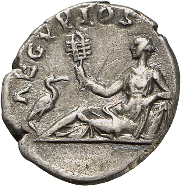 RIC II, Part 3 (second edition) Hadrian 1481 Hadrian reverse, Egypt reclining left, holding sistrum and leaning on corn ba...