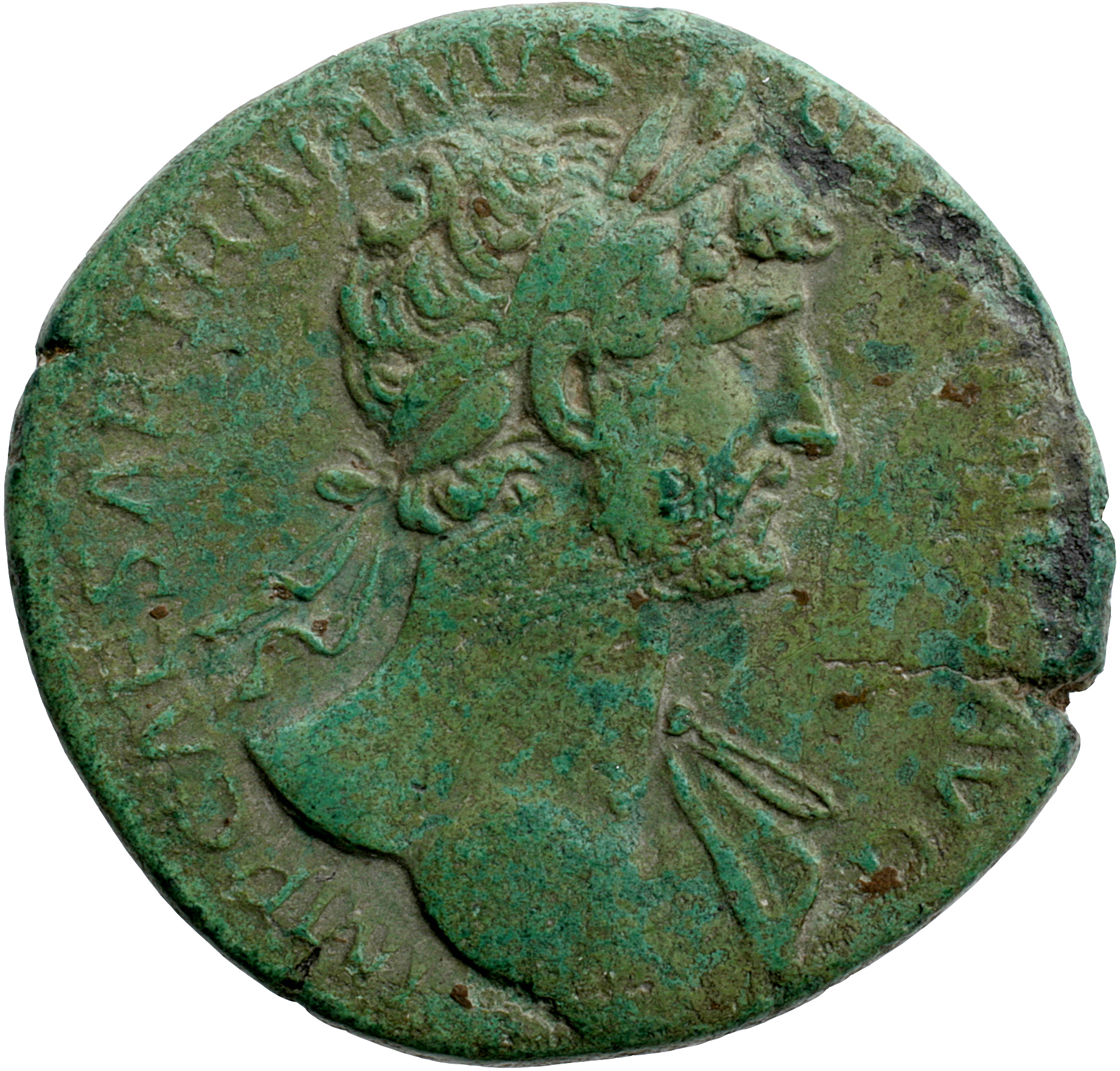 RIC II, Part 3 (second edition) Hadrian 150 Hadrian obverse, Bust of Hadrian, laureate, bare chest, traces of drapery on f...