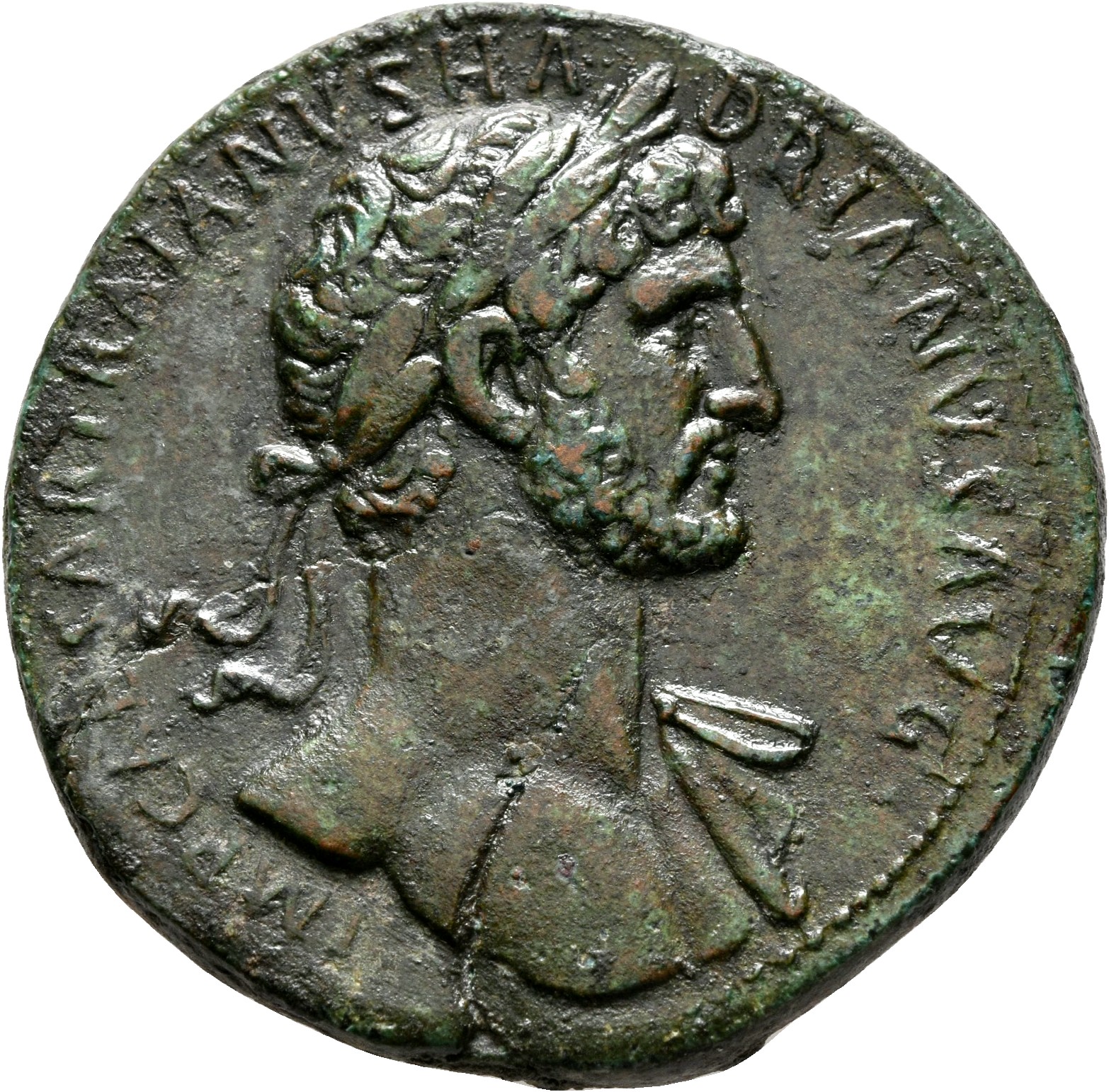 RIC II, Part 3 (second edition) Hadrian 150 Hadrian obverse, Bust of Hadrian, laureate, bare chest, traces of drapery on f...