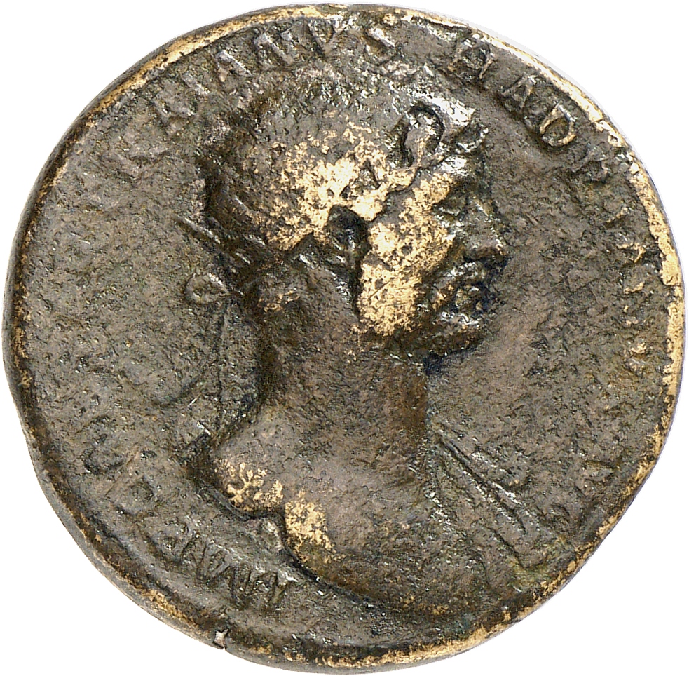 RIC II, Part 3 (second edition) Hadrian 153 Hadrian obverse, Bust of Hadrian, radiate, bare chest, traces of drapery on fa...