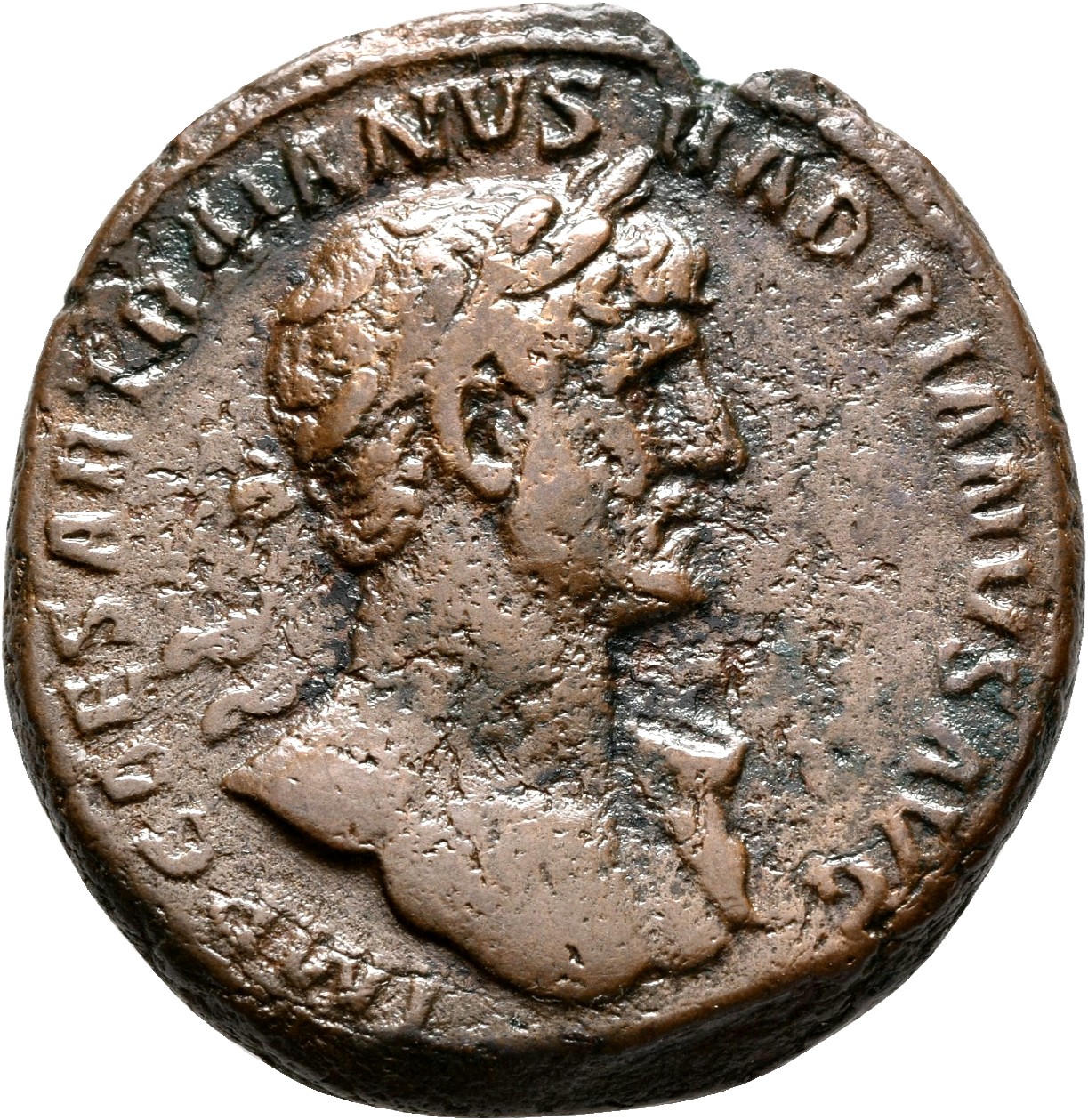 RIC II, Part 3 (second edition) Hadrian 155 Hadrian obverse, Bust of Hadrian, laureate, bare chest, traces of drapery on f...